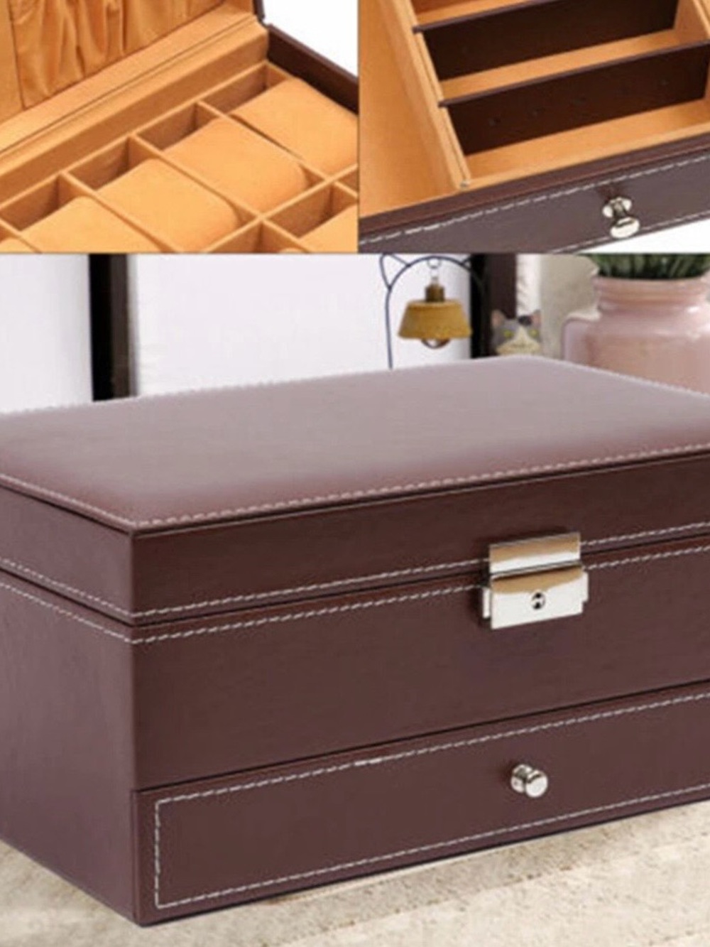 Brown Jewelry Organizer Box with Lock and Drawer